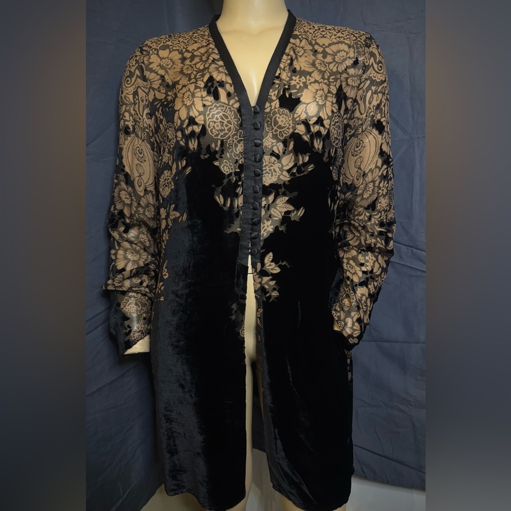 Coldwater Creek Black and Sheer Tan Floral Cardigan